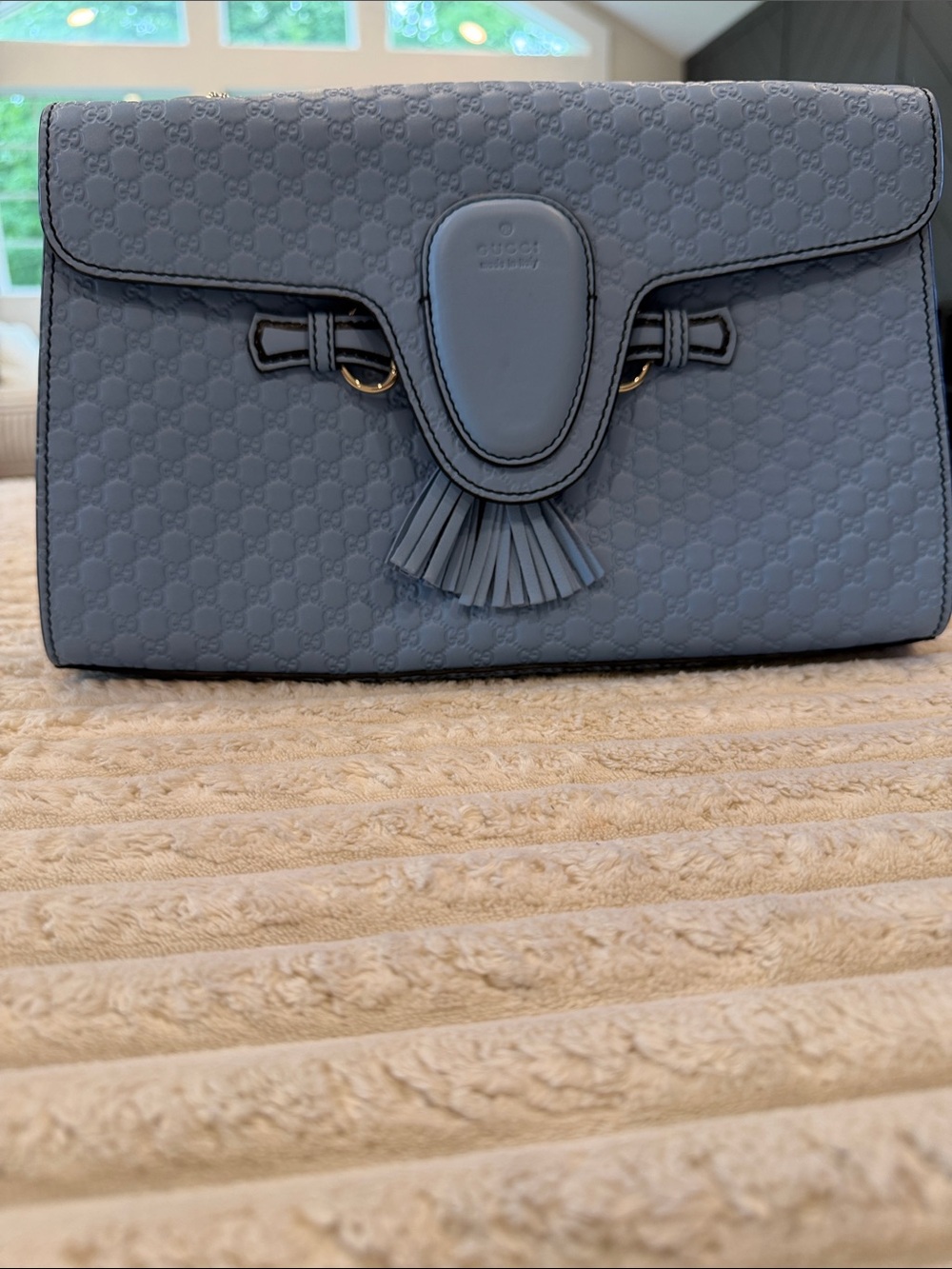 Gucci Light Blue Embossed Leather Clutch with Tassel